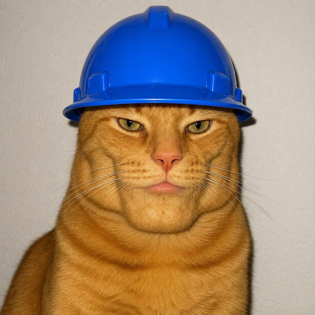 Orange cat wearing a blue hard hat